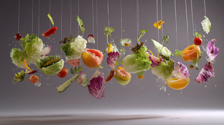 Healthy food concept with flying vegetables on grey background. Mixed mediaの素材