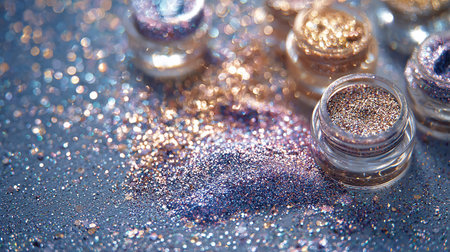 Cosmetic branding, glamour lip gloss and shopping sale concept - Nail polish bottle and golden glitter on blue holiday background, make-up and cosmetics product for luxury beauty brand designの素材