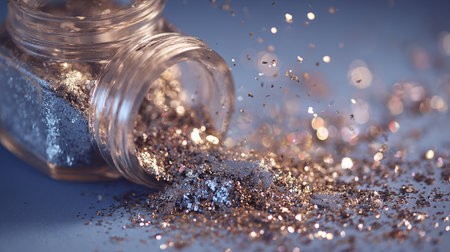 Nail polish in a bottle with sparkles on a blue backgroundの素材