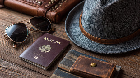 Accessories for travelling on a wooden background. Passport, hat and sunglassesの素材
