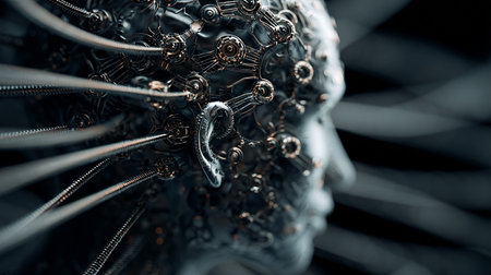 Close up of human head made of metal gears. 3D renderingの素材