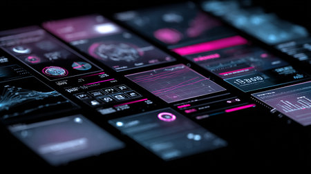 3d rendering of a futuristic holographic interface on a dark backgroundの素材