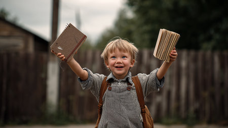 Cute little boy with a book in his hands. Back to school.の素材