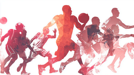 Silhouettes of people playing basketball, soccer, american footballの素材