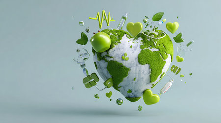 Ecology concept with green planet earth and icons, 3d renderの素材