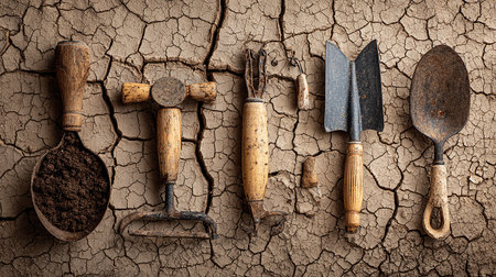 Gardening tools and soil on cracked earth background. Top viewの素材