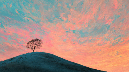 Lonely tree on the hill at sunset. 3D renderingの素材