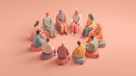 A group of people sitting in a circle. 3d illustration.の素材