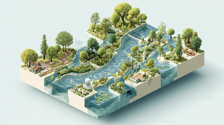 Miniature city map with trees and roads. 3D illustration.の素材