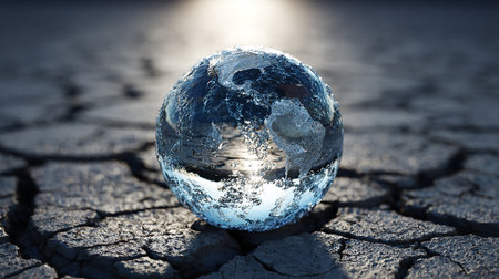 Earth planet on cracked ground. Global warming concept. 3D renderingの素材