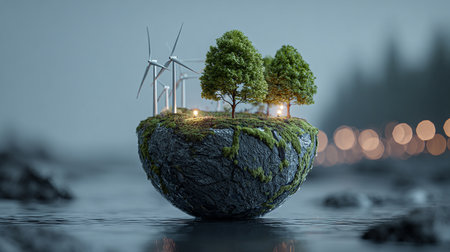 Eco concept with wind turbines and a small island. 3d renderingの素材