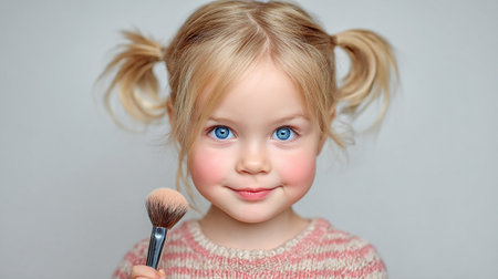 Cute little girl with blue eyes and blond hair in a pink sweater holding a makeup brushの素材