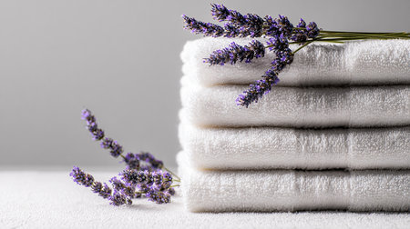 Lavender flowers on a stack of white towels on a gray backgroundの素材