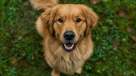 Cute golden retriever puppy on green grass. Close up.の素材