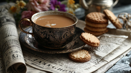 Cup of coffee with cookies on old newspaper background, closeupの素材