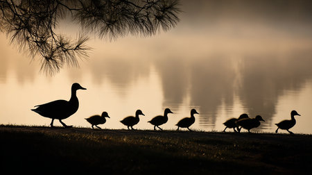 Silhouette of ducks and ducklings on the bank of the lakeの素材