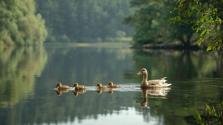 Family of ducks swimming on a lake in the forest. Ducklings with their motherの素材