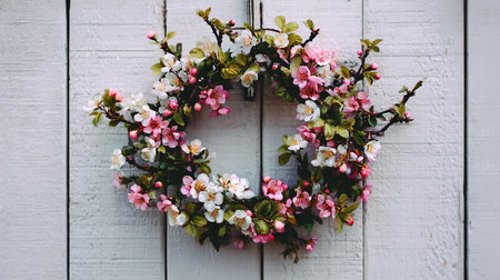 Beautiful floral wreath on white wooden background. Spring flowers.の素材