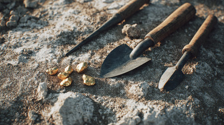 Garden tools and gold nuggets lie on the ground in the gardenの素材