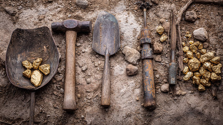 Gold nuggets, shovels and other tools on the ground.の素材