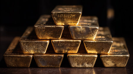 Stack of gold bars on a dark background. Selective focus.の素材