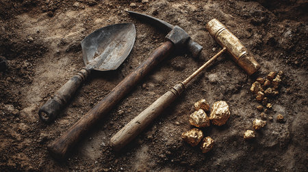 Garden tools and gold nugget on soil background, top viewの素材