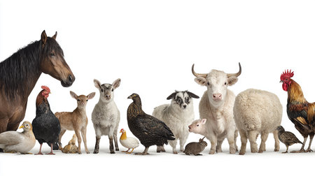 Group of farm animals in front of a white backgroungの素材
