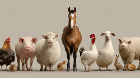 Group of farm animals standing in a row isolated on gray background.の素材