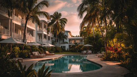 Swimming pool with palm trees at sunset in luxury hotel resort.の素材
