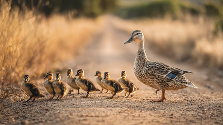 Duck family with ducklings in a row on a dirt roadの素材