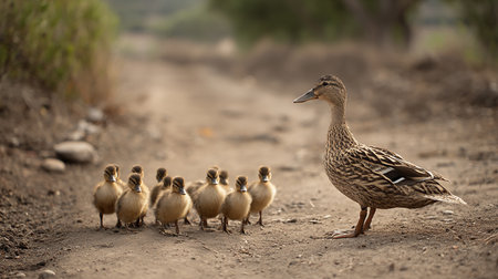 Mallard duck with her ducklings on a dirt road.の素材