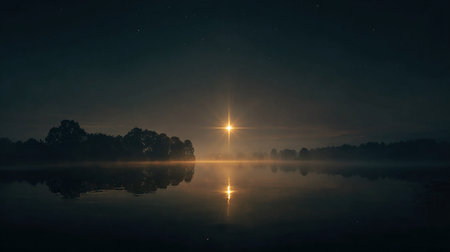 Foggy sunrise over the lake with a star in the skyの素材