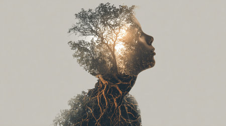 Double exposure of young woman with tree and roots. Conceptual imageの素材