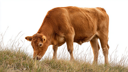 Brown cow grazing on a meadow, isolated on a white backgroundの素材