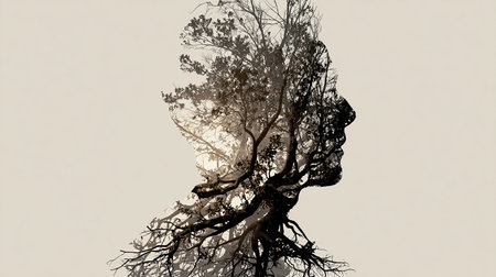 Silhouette of a tree in the shape of a human headの素材