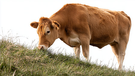 Brown cow grazing on a meadow. Isolated on white backgroundの素材