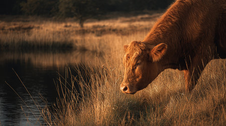 Cow grazing in a meadow near a lake in the evening lightの素材