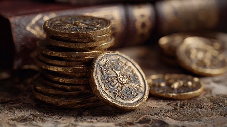 Old books and coins on a dark background. Selective focus.の素材