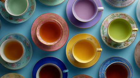 Cup of tea on blue background. Top view. Flat lay.の素材