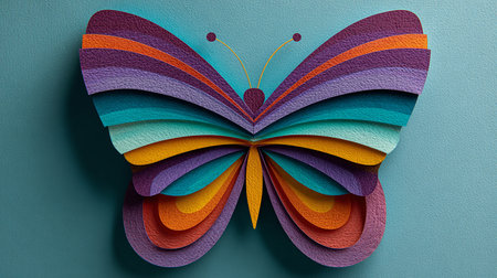 Butterfly made of colorful paper on blue background. 3d renderingの素材