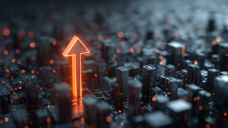 3D rendering of a red neon arrow pointing up in the cityの素材