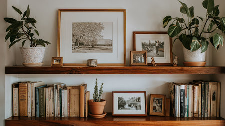 Wooden shelf with books, potted plants and picture frames.の素材