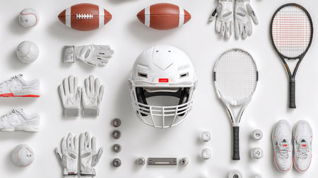 Flat lay composition with sports equipment on white background. Top viewの素材