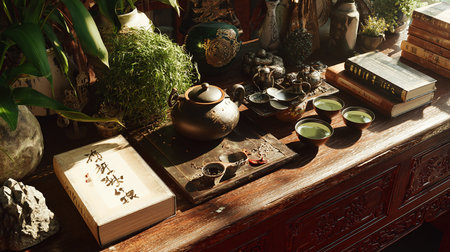 Chinese tea ceremony on the wooden table with books and teapotの素材