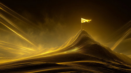 Flag on top of mountain, 3D rendering with golden light effectsの素材