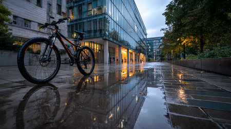 Bicycles in a rain puddle in Berlin, Germany.の素材