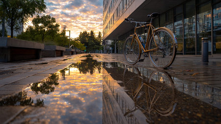 Reflection of a bicycle in a puddle in the city at sunsetの素材