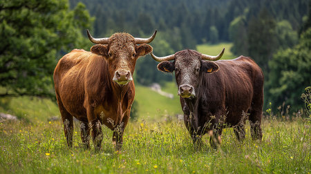 Two cows grazing on a meadow in Bavaria, Germany.の素材