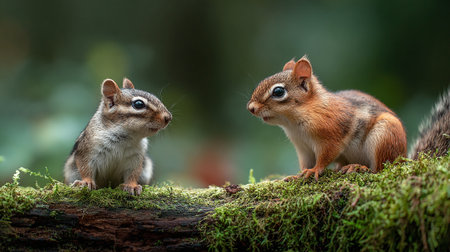 Two chipmunk looking at each other on a mossy logの素材