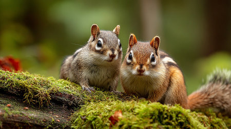 Two chipmunk sitting on a mossy log in the forestの素材